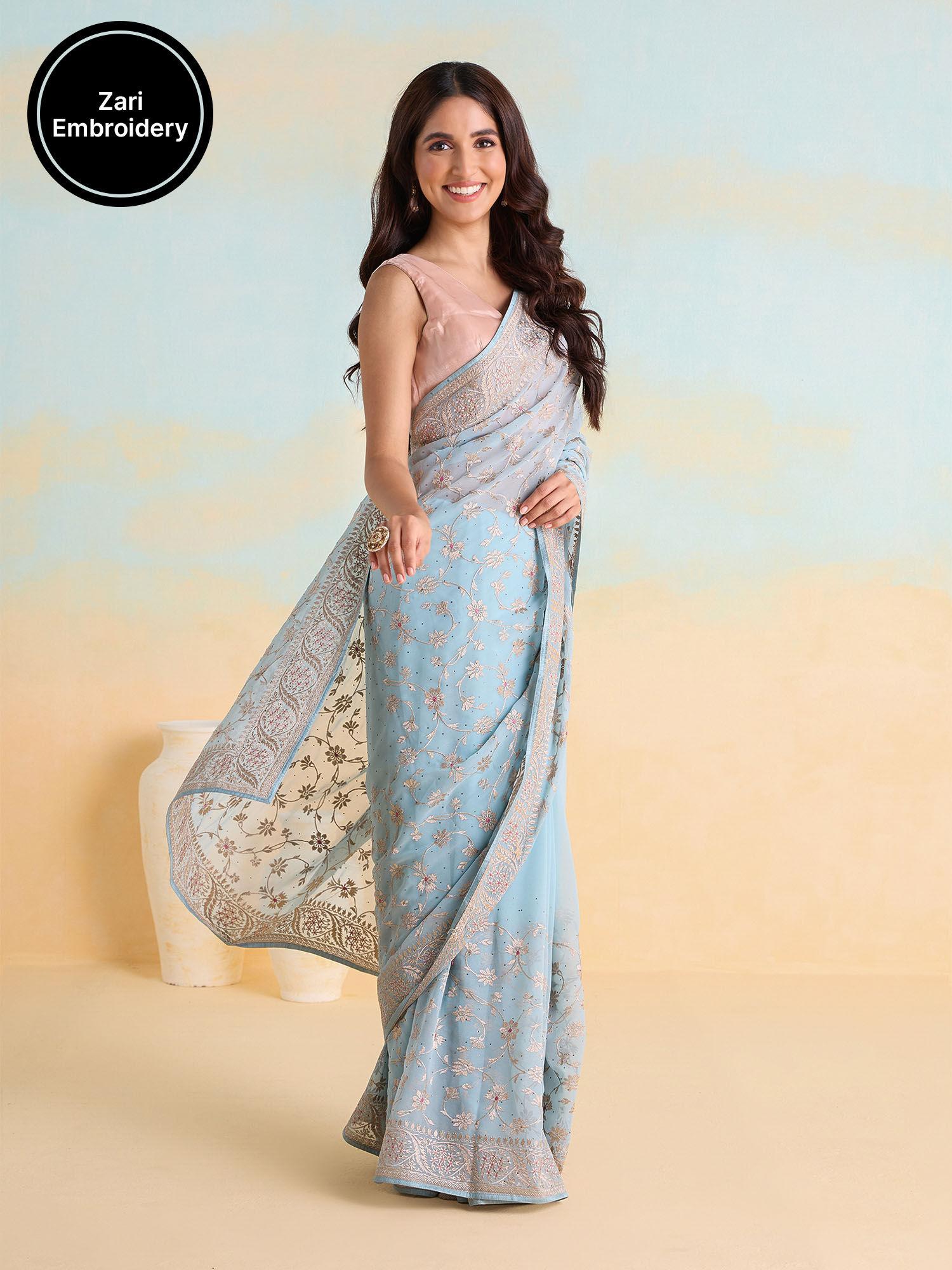 embroidered and embellished ice blue saree with unstitched blouse likparsar06