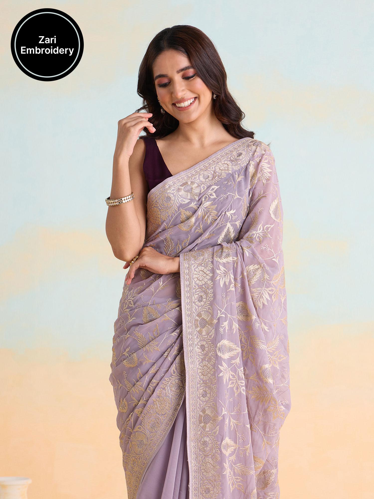 embroidered and embellished pastel lilac saree with unstitched blouse likparsar08