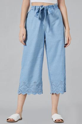 embroidered ankle length denim woven women's palazzo - indigo