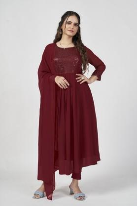 embroidered ankle length georgette women's kurta set - maroon