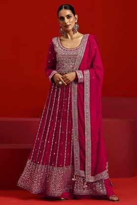 embroidered ankle length georgette woven women's kurta set - pink