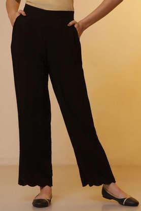 embroidered ankle length viscose women's palazzos - black