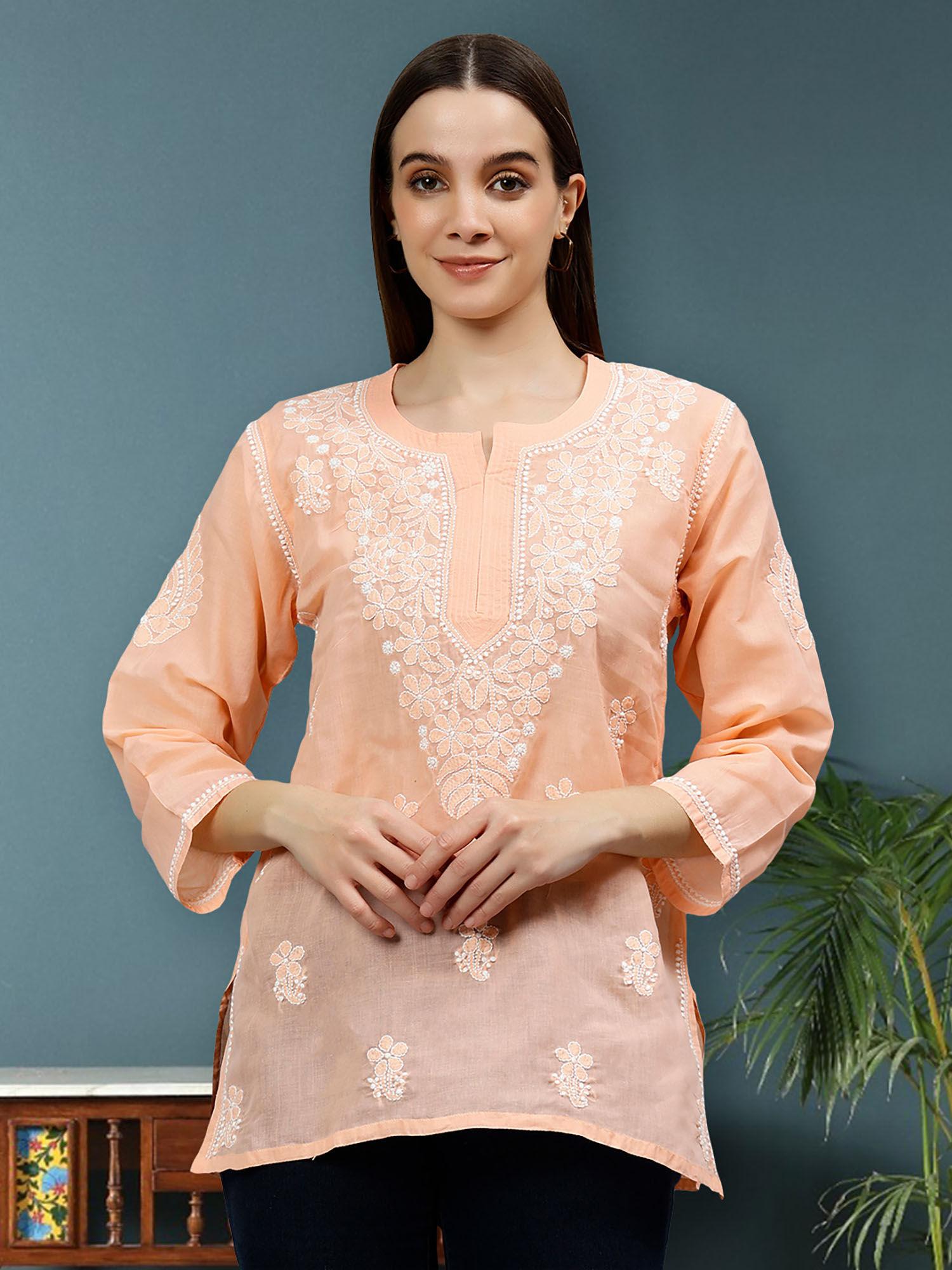 embroidered apricot peach terivoil cotton lucknowi chikankari kurti