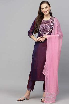 embroidered art silk round neck women's kurta pant dupatta set - purple