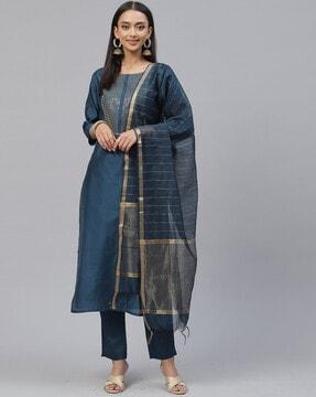 embroidered art silk straight kurta set