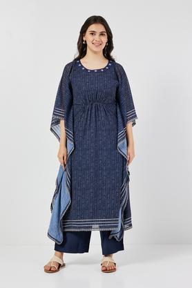 embroidered art silk v-neck women's casual wear kaftan - indigo