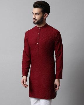 embroidered band-collar kurta