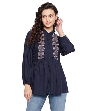 embroidered band-collar tunic