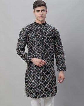 embroidered band collared long kurta