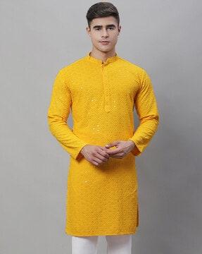 embroidered band collared long kurta