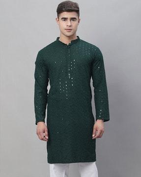 embroidered band collared long kurta