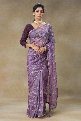 embroidered beads and stones mesh party wear women's saree - lavender