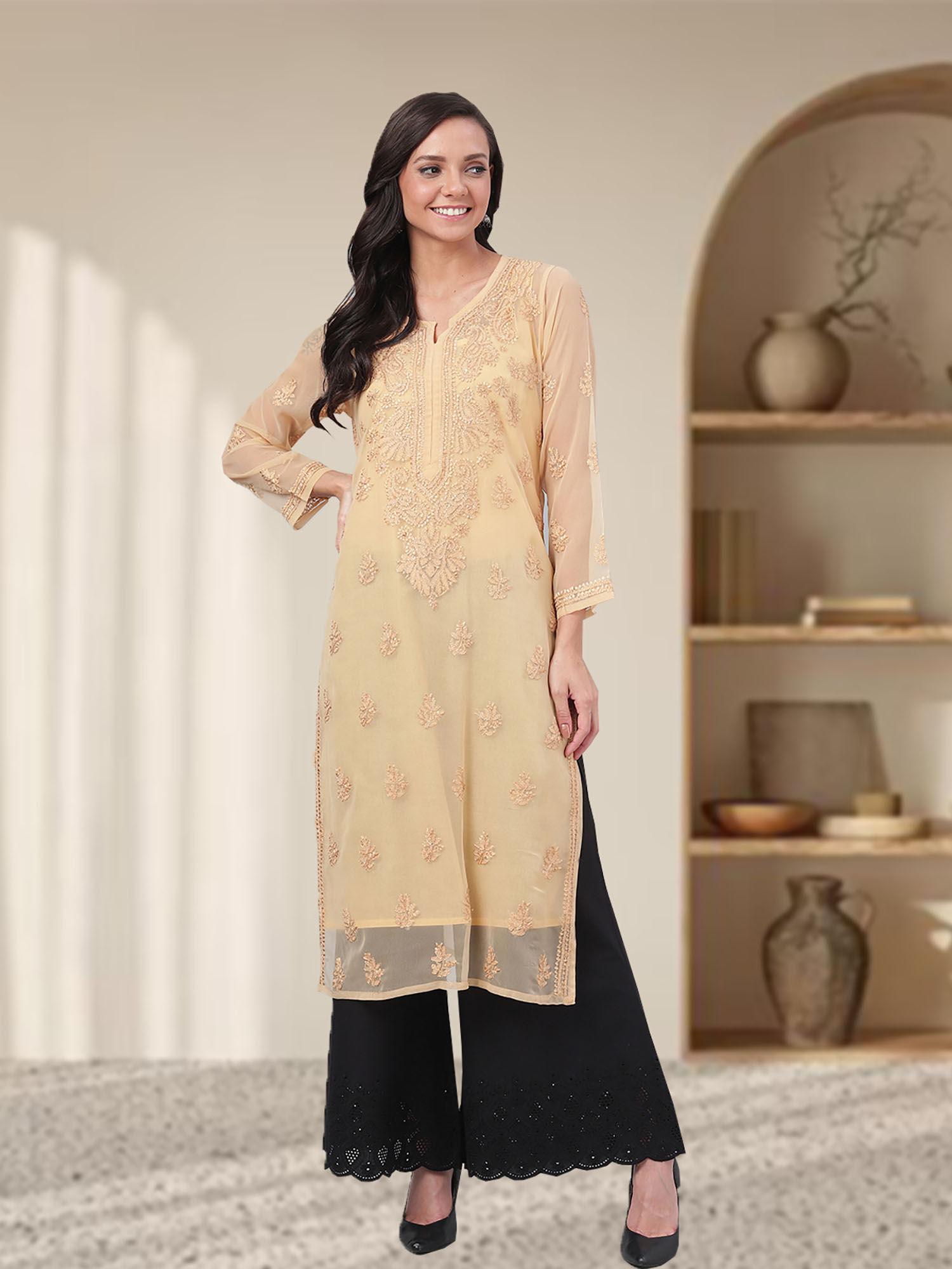 embroidered beige faux georgette lucknow chikankari kurta with slip (set of 2) (xs) (a130702)