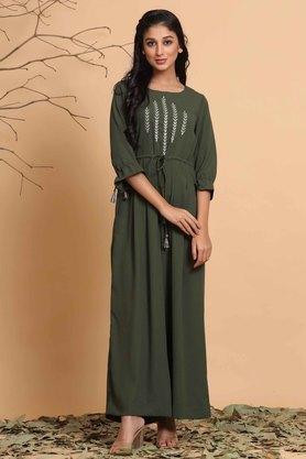embroidered bell sleeves polyester blend womens full length jumpsuit - olive