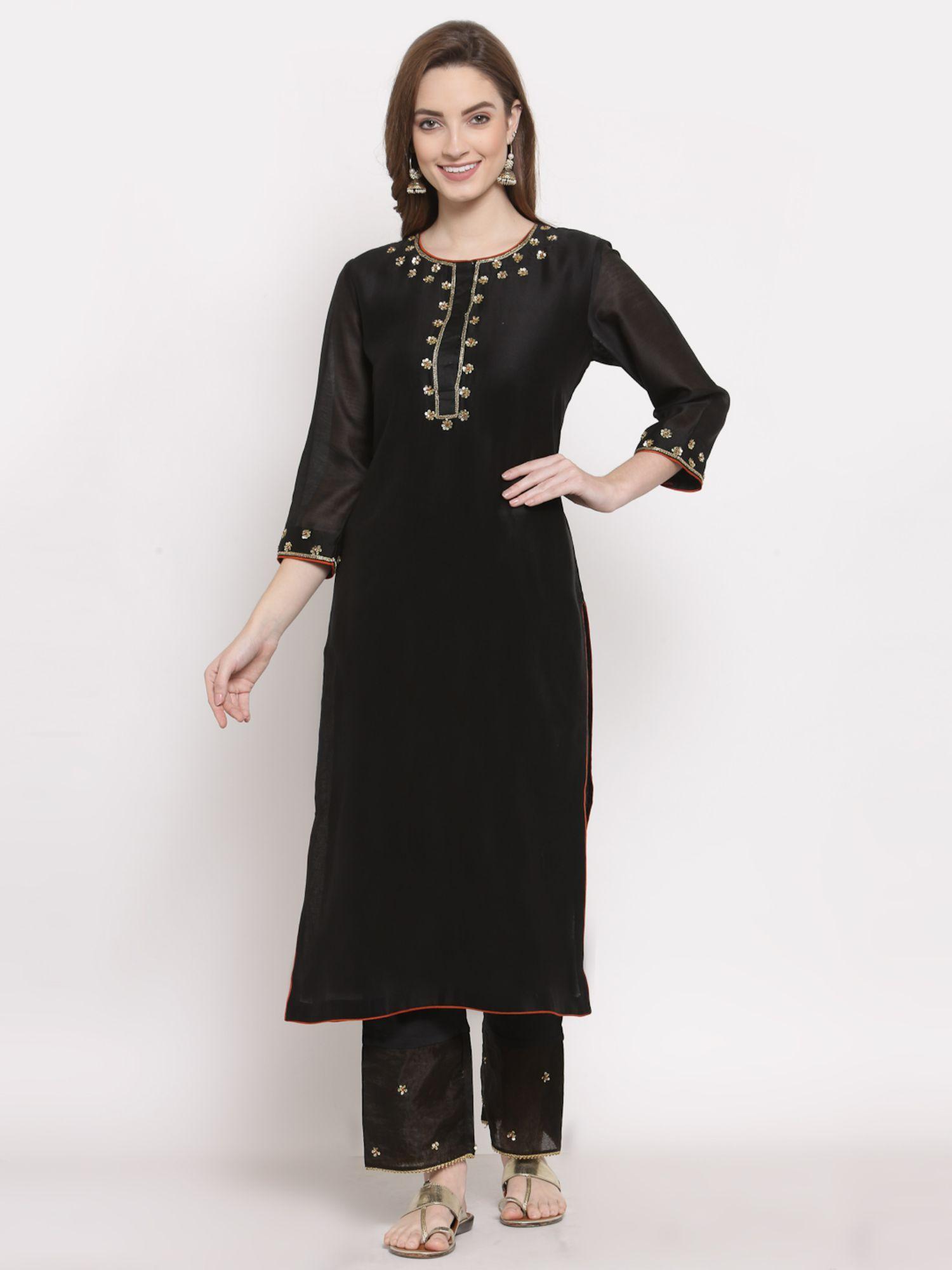 embroidered black ceri straight kurta