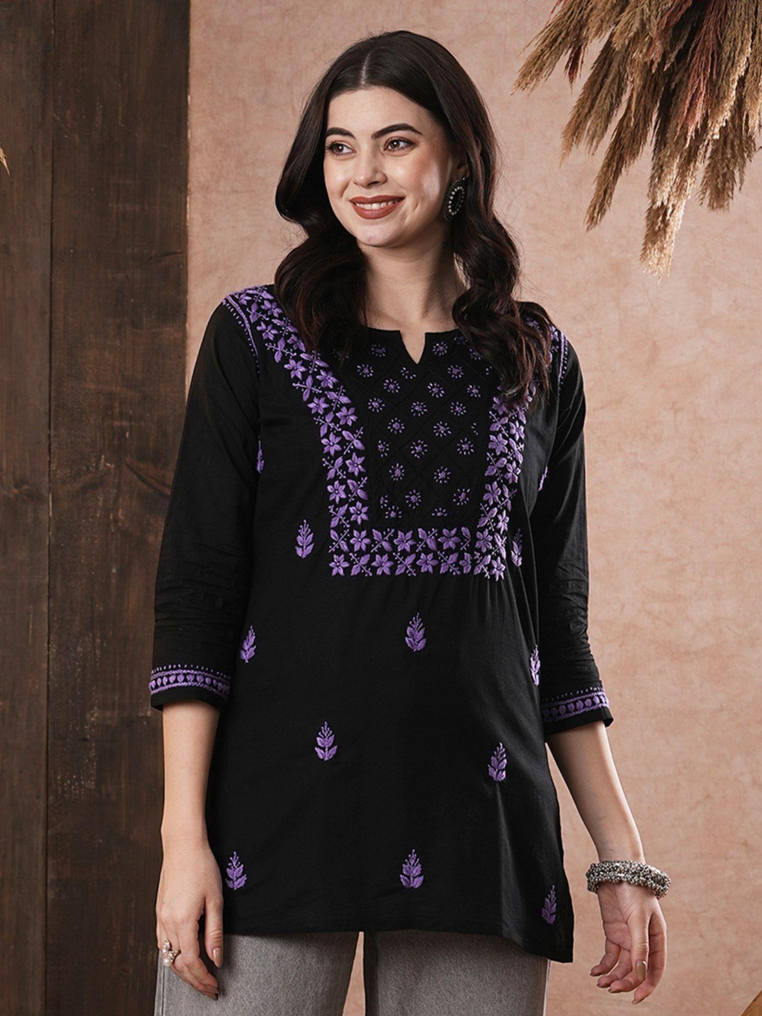 embroidered black cotton lucknow chikankari kurti (xs) (a100556)