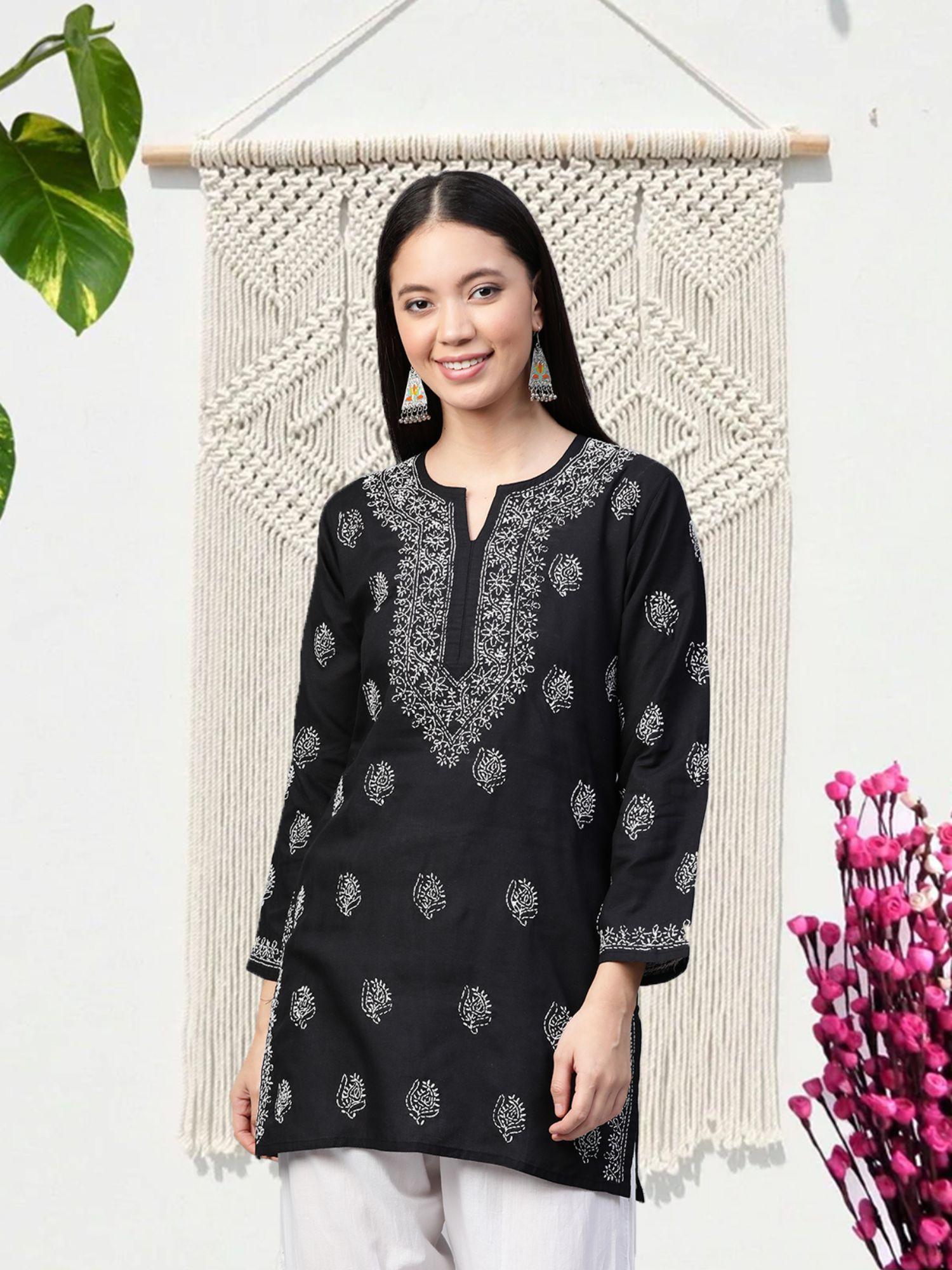 embroidered black cotton lucknow chikankari kurti (xs) (a210717)