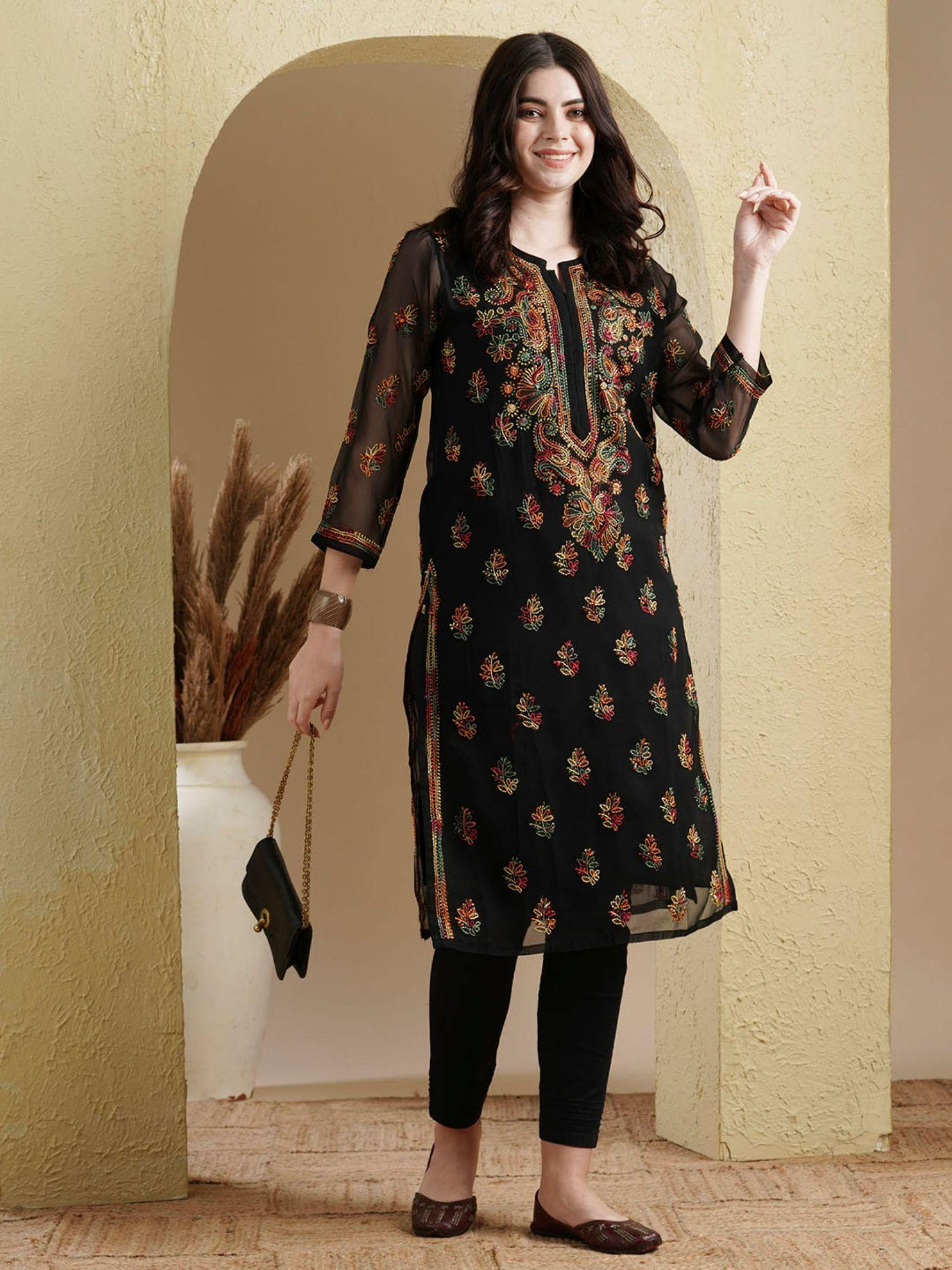 embroidered black georgette lucknow chikan kurta with slip (set of 2) (xs) (a411154)