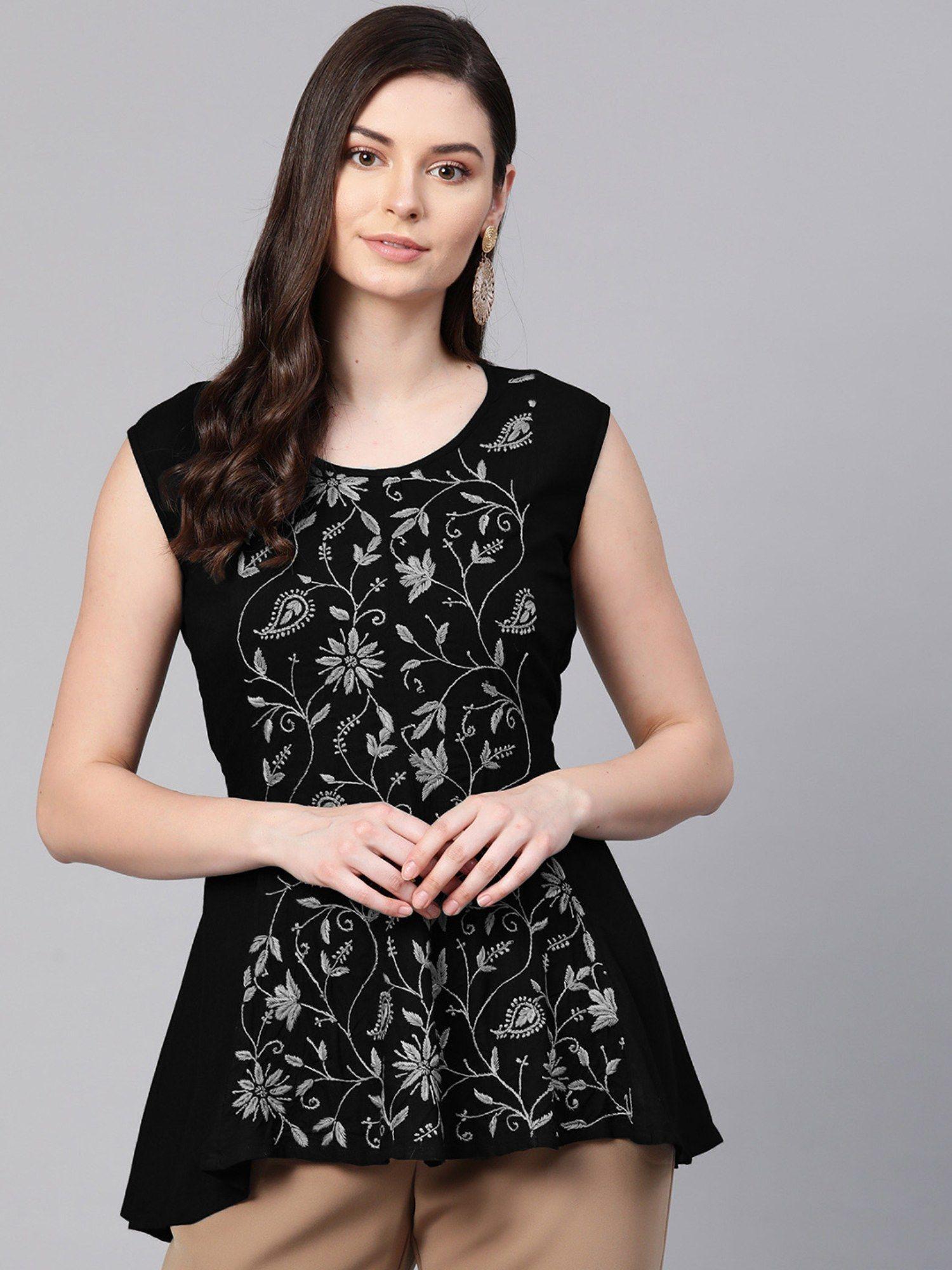 embroidered black lucknowi chikankari rayon kurti