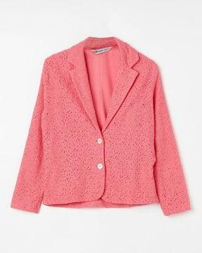 embroidered blazer with button-front closure