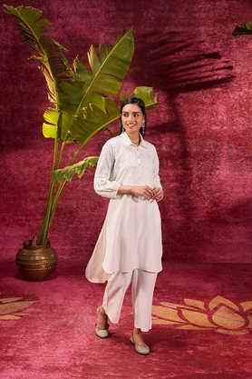 embroidered blended fabric collared women's tunic - ivory