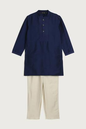 embroidered blended fabric mandarin collar boys kurta set - navy
