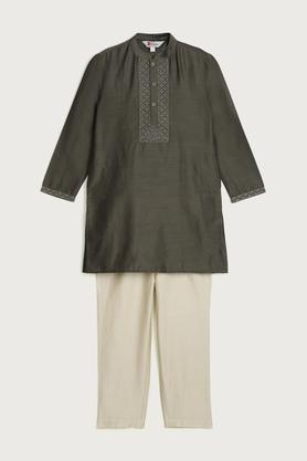 embroidered blended fabric mandarin collar boys kurta set - olive