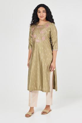 embroidered blended fabric round neck women's casual wear kurta - brown