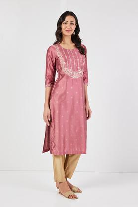 embroidered blended fabric round neck women's casual wear kurta - coral