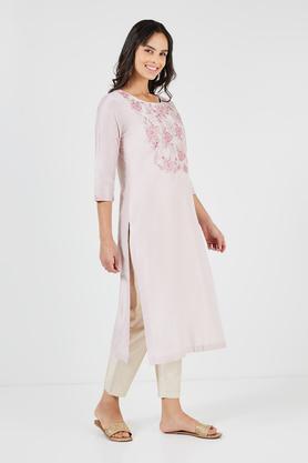 embroidered blended fabric round neck women's casual wear kurta - dusty pink