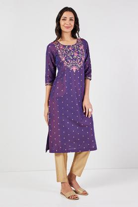 embroidered blended fabric round neck women's casual wear kurta - purple