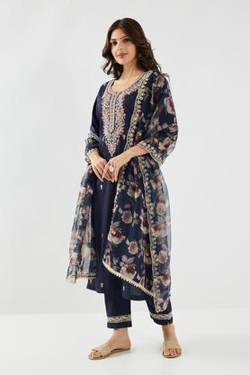 embroidered blended fabric v-neck women's pant kurta dupatta set - navy