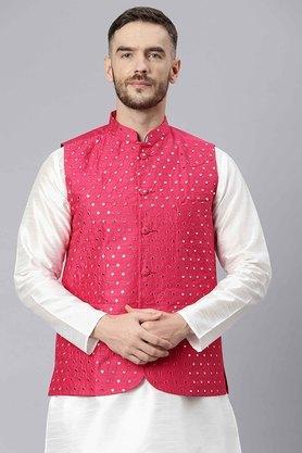 embroidered blended men's party nehru jacket - pink