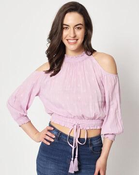 embroidered blouson top with cold-shoulder sleeves
