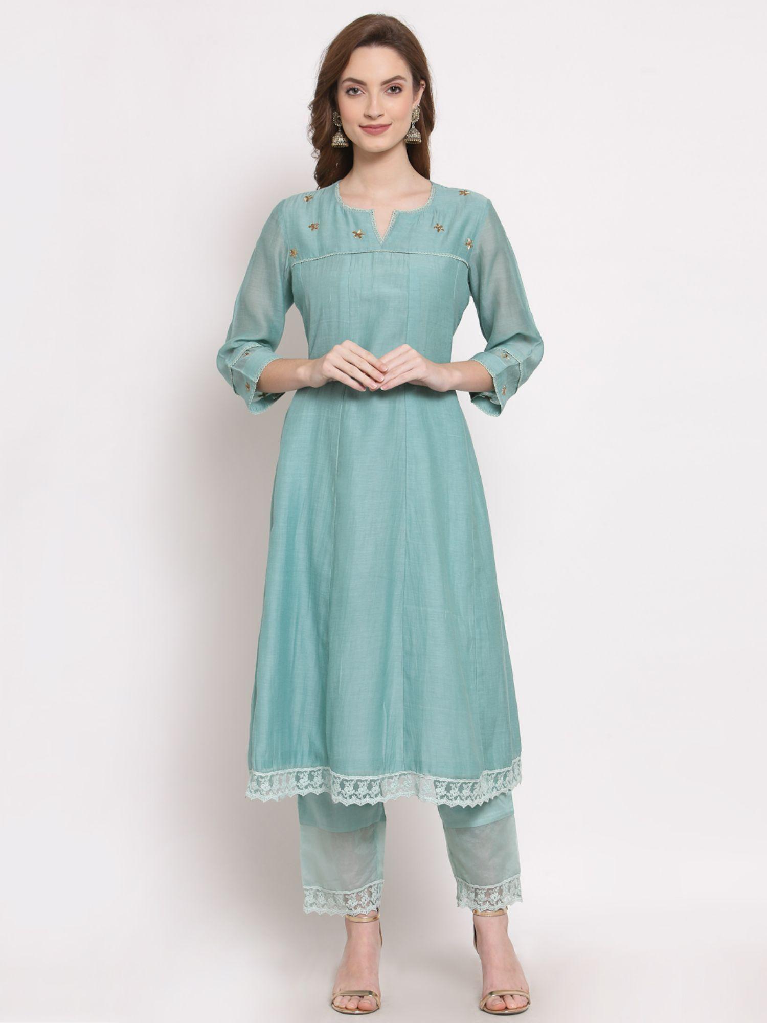 embroidered blue ceri straight kurta