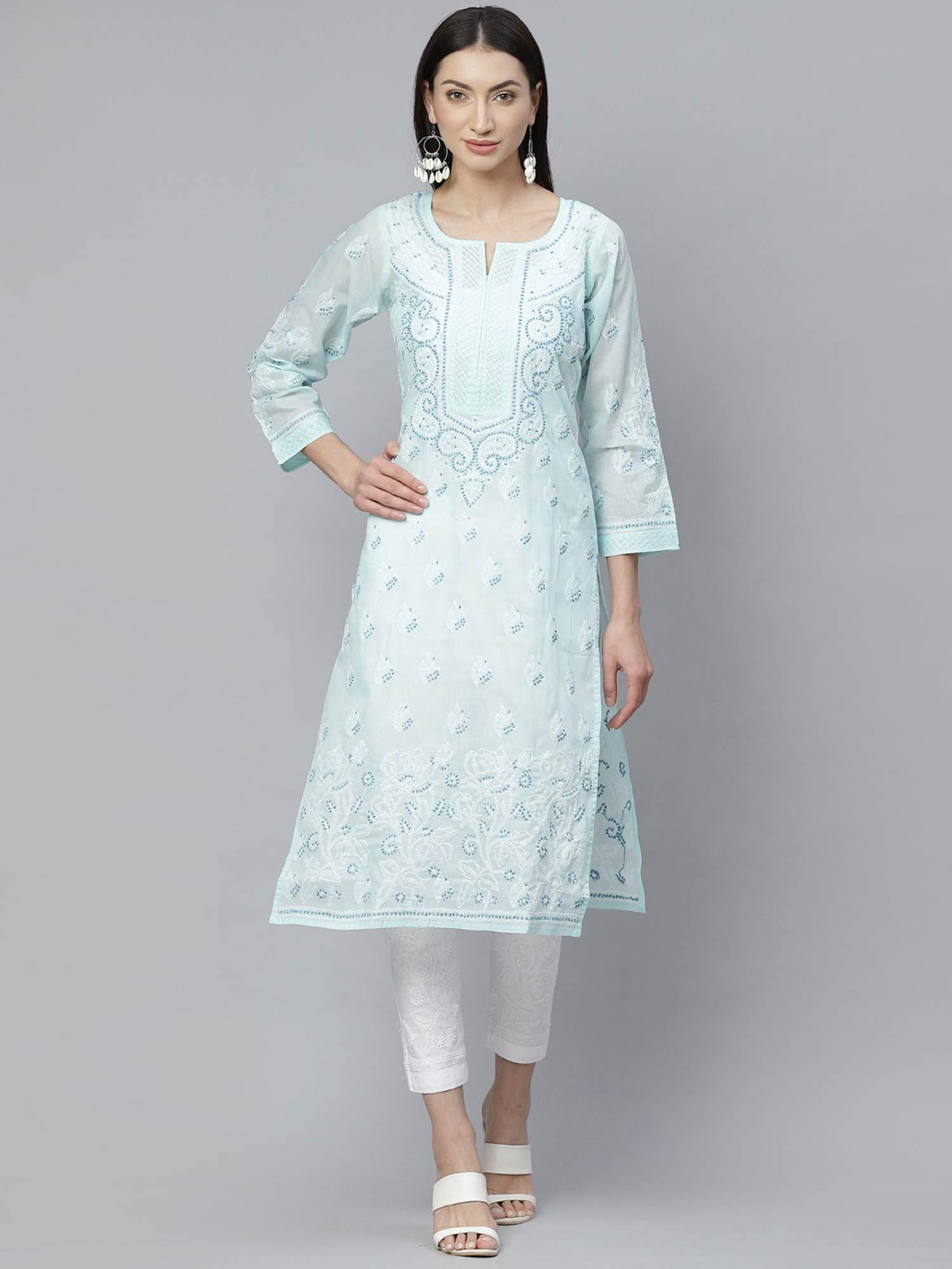 embroidered blue cotton lucknow chikan- a811140 kurta and trouser (set of 2) (xs) (a811140)