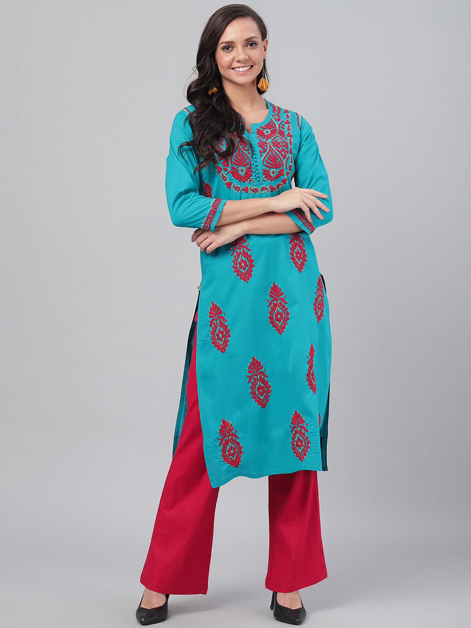 embroidered blue cotton lucknow chikankari kurta (xs) (a226000)