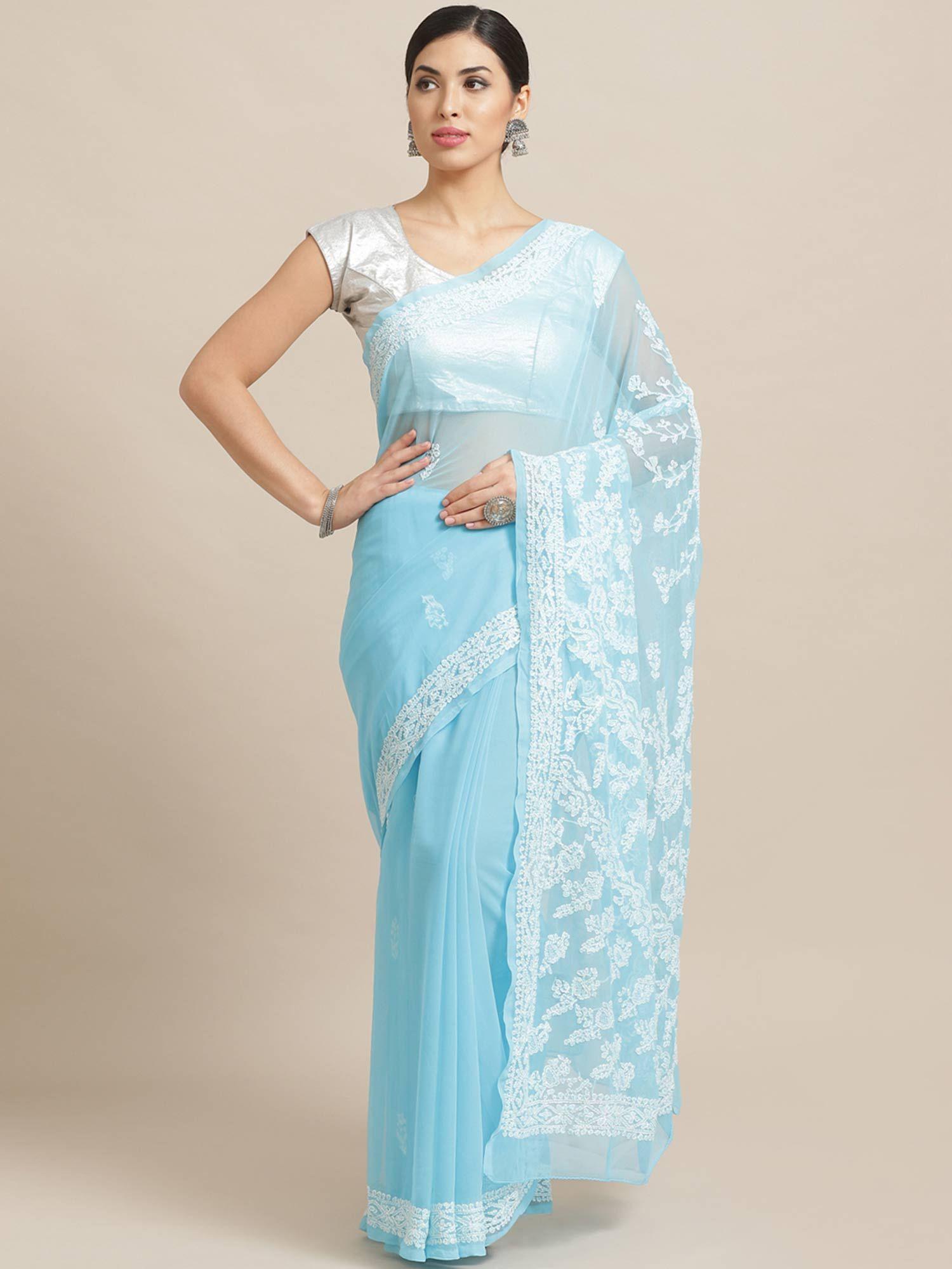 embroidered blue georgette lucknow chikan saree with unstitched blouse (a130227)