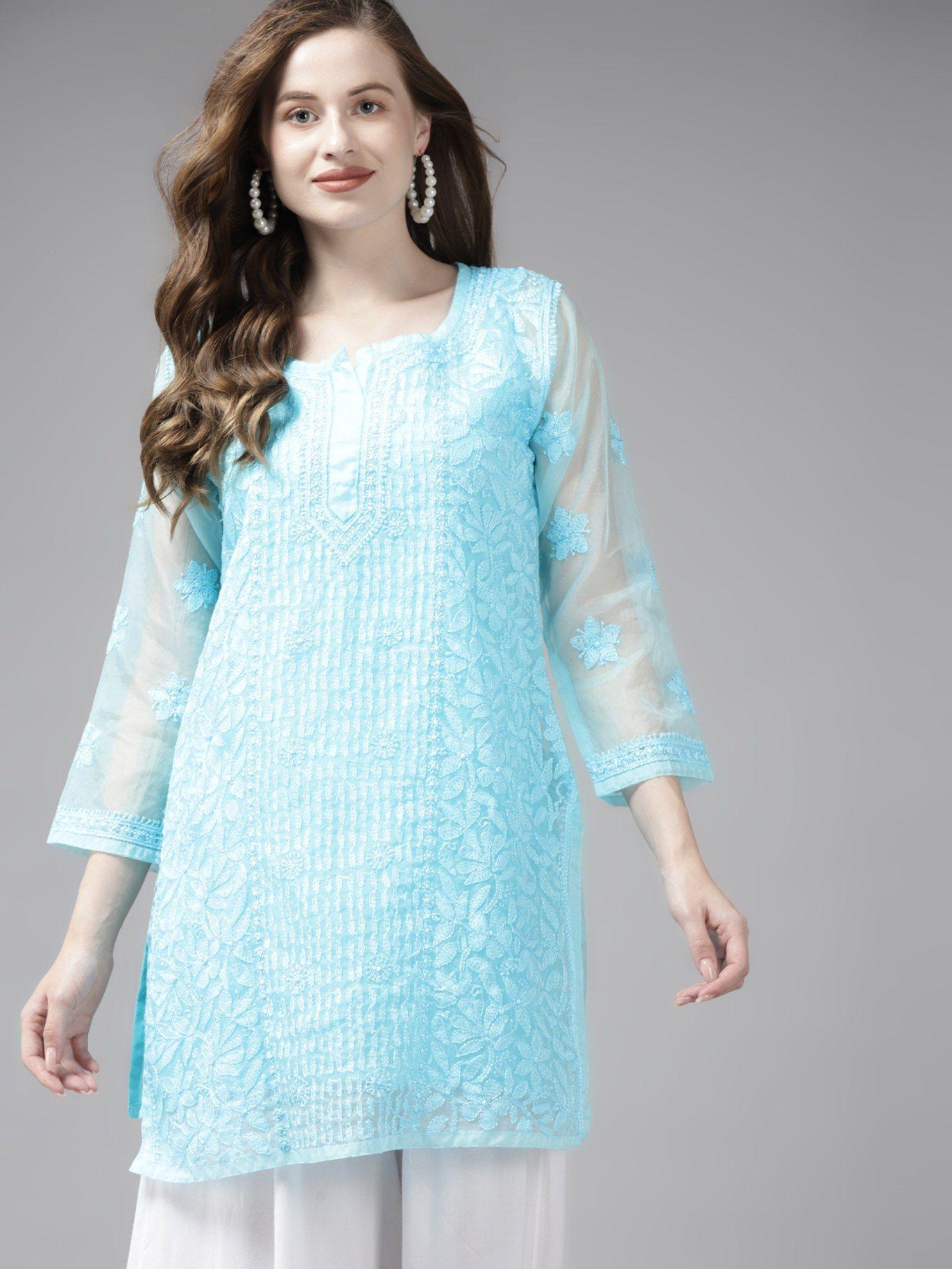 embroidered blue organza lucknowi chikankari kurti with slip (set of 2)