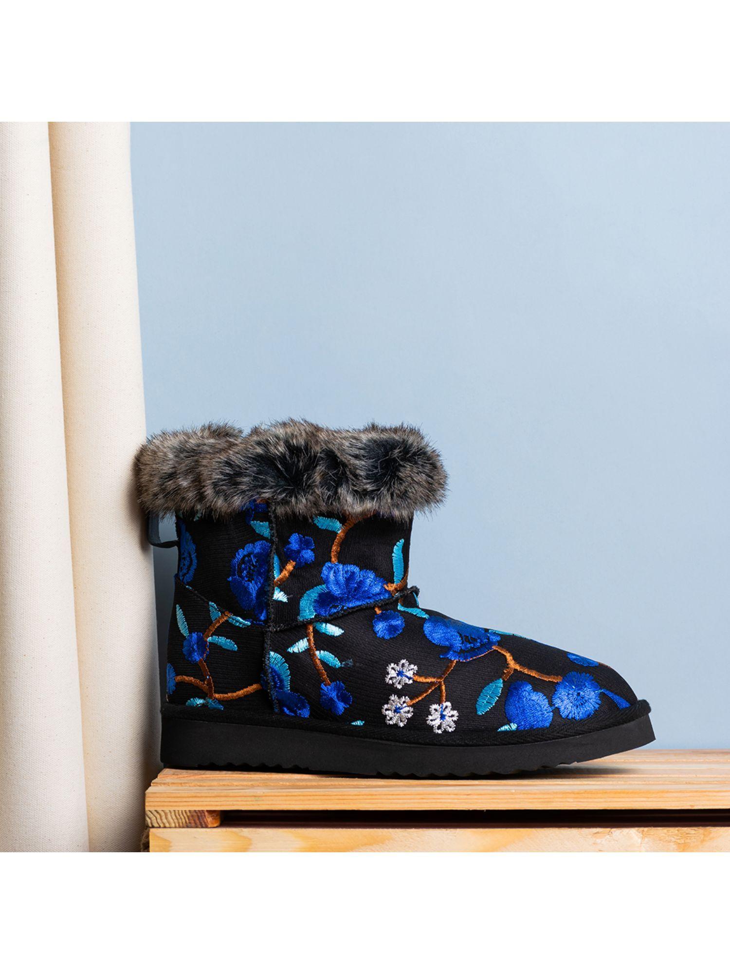 embroidered blue suede leather snug boots