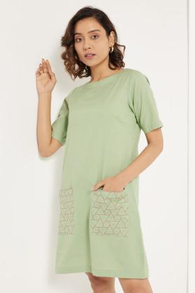 embroidered boat neck cotton flex women's knee length dress - green