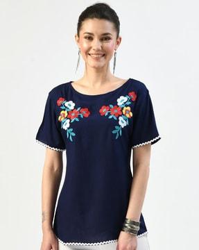 embroidered boat-neck top