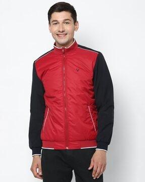 embroidered brand jacket with zip front closure