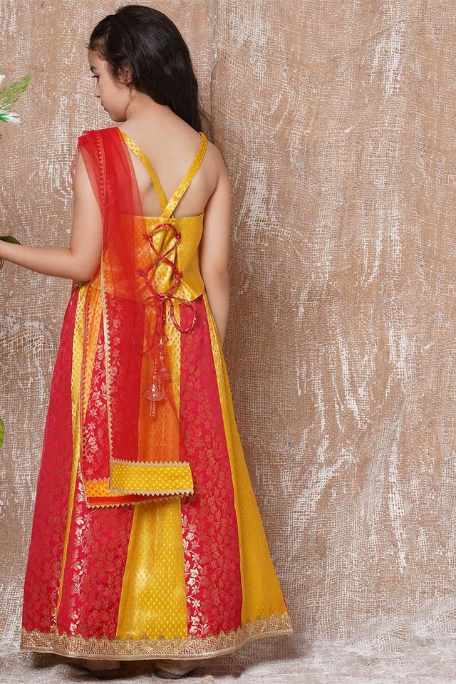 embroidered brocade regular fit girls lehenga choli set - red