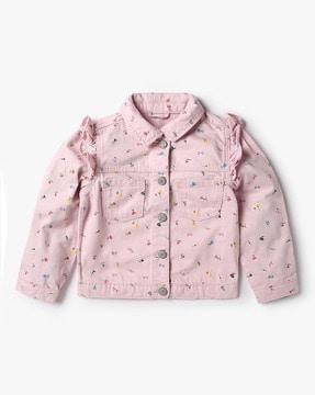 embroidered button-down denim jacket with flutter sleeves