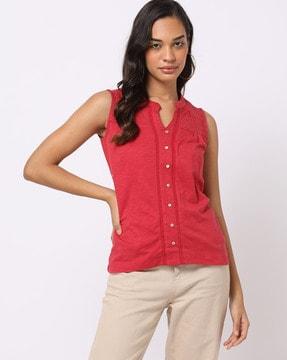 embroidered button-down sleeveless top