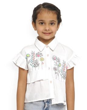embroidered button-down top with asymmetric hem