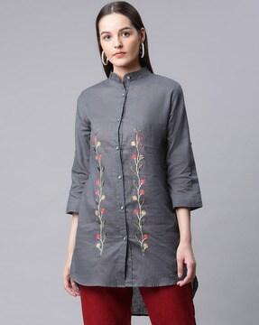 embroidered button-front tunic top