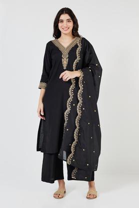 embroidered calf length art silk woven women's kurta set - black