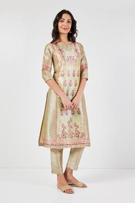 embroidered calf length art silk woven women's kurta set - lime green